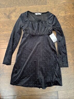NWT SO Black Velvet Long-Sleeve Dress with Rhinestone Accents